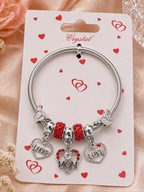 Mom & Love Heart Charm Bracelet - Red & Silver